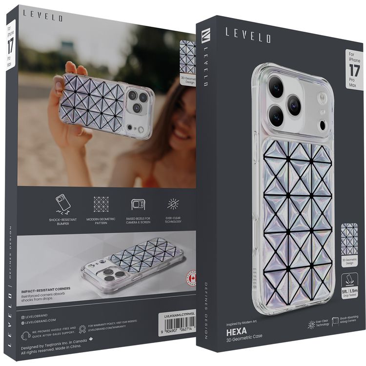 غطاء Levelo Hexa 3D الهندسي لهاتف iPhone 17 Pro Max، زوايا مقاومة للصدمات، حواف مرتفعة للكاميرا والشاشة، مصد مقاوم للصدمات، تقنية Ever-Clear، مجرب ضد السقوط - لون فضي