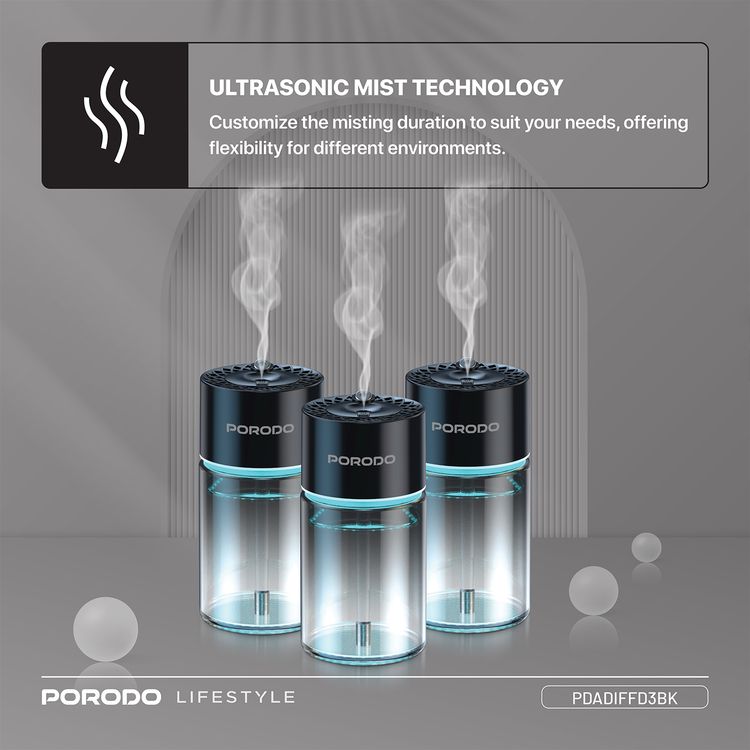 Porodo Valencia Smart Aroma Diffuse with Ambient Lighting, 120mL Bottle Capacity, 300mAh Battery Capacity, Type-C Charging Port, Smart Sensor, 5 Spray Modes - Black