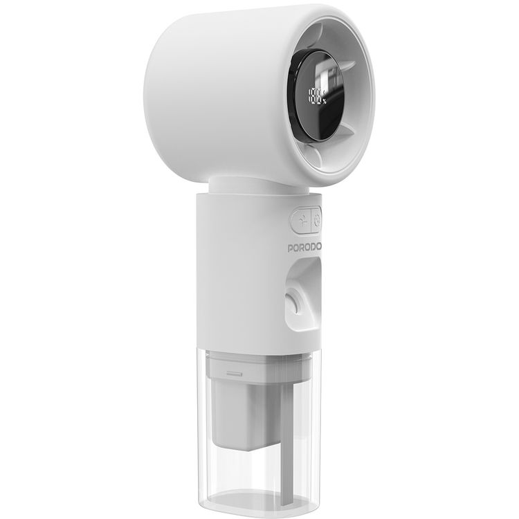 Porodo Cool & Hydrate Mini Fan & Humidifier with 100 Speed Levels, Up to 5 Hours Working Time, Whisper-Quiet Operation, LED Digital Display, 2000 mAh Battery, USB-C Charging Port - White