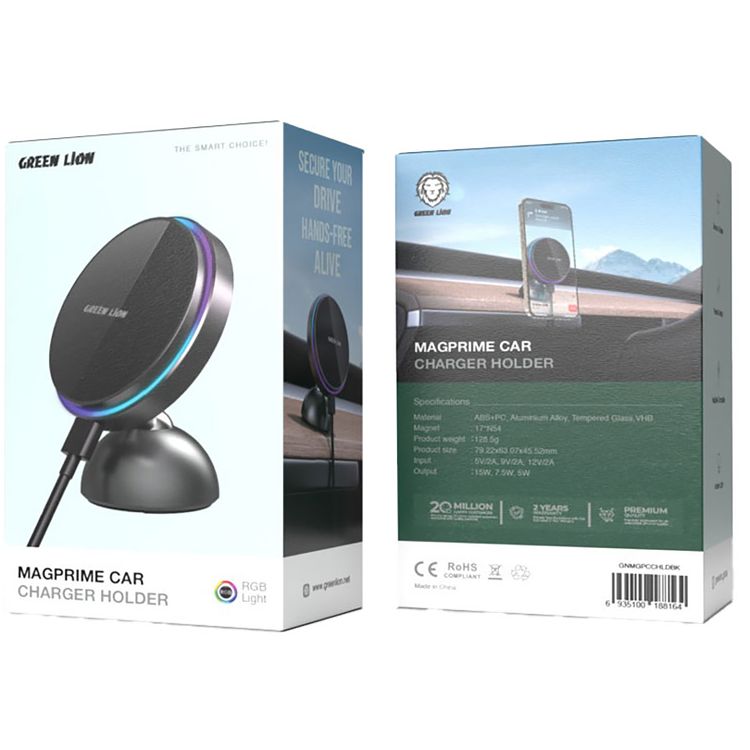 Green Lion Magprime Car Charger Holder with MagSafe Compatibility, ABS + PC, Aluminum Alloy & Tempered Glass Materials, RGB Light, Flexible Design, Secure & Stable - Black