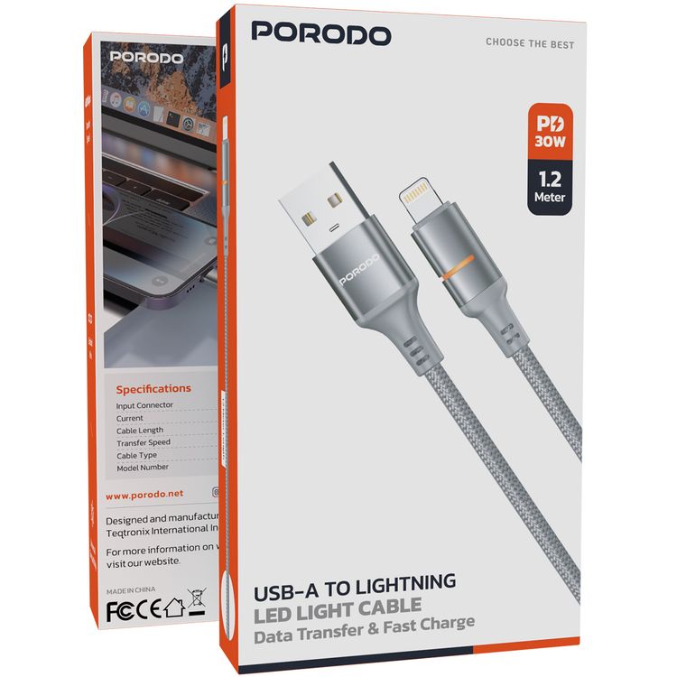 Porodo USB-A to Lightning LED Light Cable with 2.4A Current, 480Mbps Transfer Speed, 1.2m Cable Length, Fast Charging & Data Transfer, Braided Wire - Gray