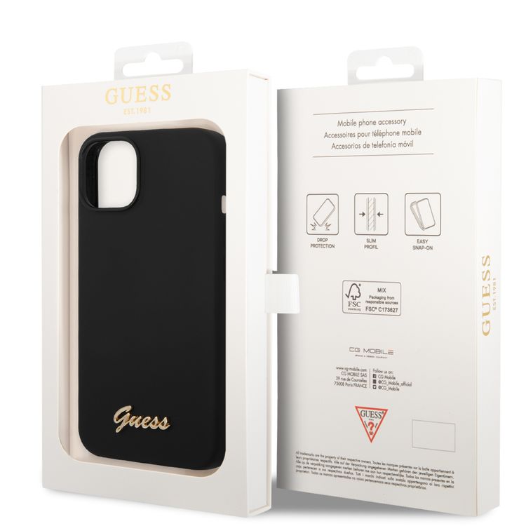 Guess Liquid Silicone Case With PC Camera Outline & Script Metal Logo - iPhone 14 - Black
