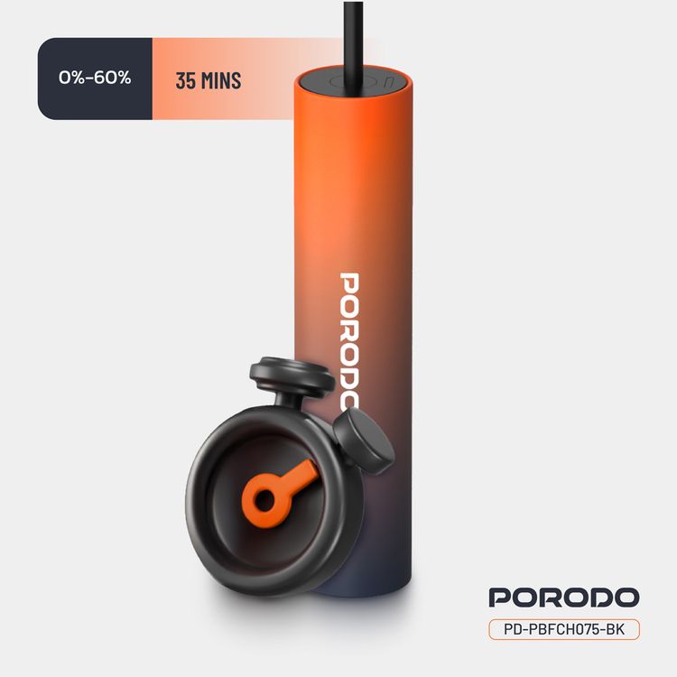 بنك طاقة بورودو PB075 بسعة 5000 مللي أمبير/ساعة مع كابل Type-C مدمج، PD 20 وات، ×2 منفذ Type-C، تصميم محمول، يدعم الشحن السريع - أسود