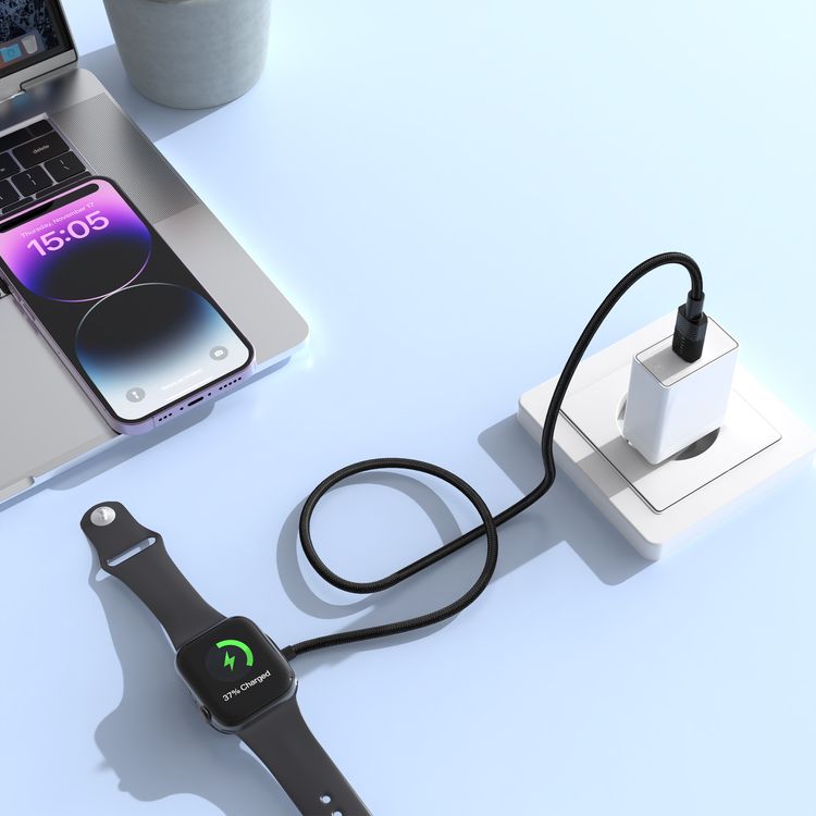 Levelo Otto Type-C Apple Watch Wireless Charger Cable, Fast Charging, Tangle Free, Aluminum Alloy & Plastic Shell Material, 1.2m Cable Length - Black