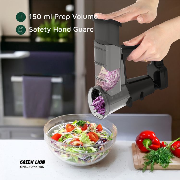 صانع السلطة جرين ليون مع تقطيع، وفرم، وتمزيق، بمواد آمنة للطعام، قاعدة غير قابلة للانزلاق، شحن USB-C، وقت تشغيل يصل إلى 60 دقيقة، سهل التنظيف والتركيب، حامي اليد للسلامة، 250 دورة في الدقيقة.