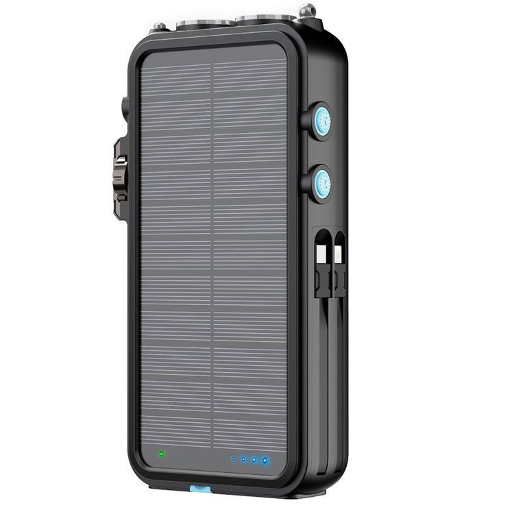 Powerology 16000mAh Solar Power Bank with FM Radio, Speaker & Lights, Compact Design, Bluetooth Version 5.3, LED Digital Clock, Integrated Cable - Black