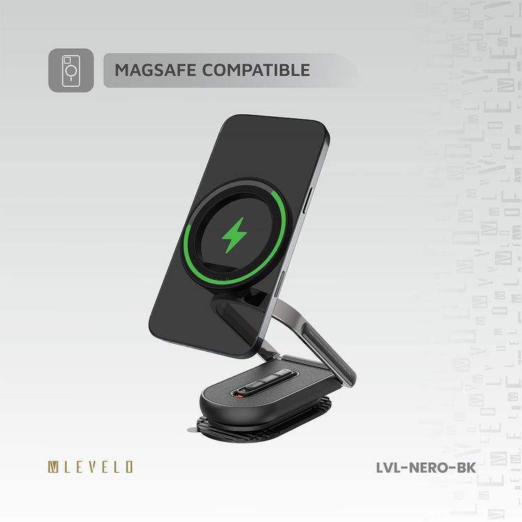 Levelo Nero MagSafe Car Holder & Selfie Stick with Foldable Design, N52 Magnet, Adjustable Angle, Strong Suction Type, Universal Compatibility - Black