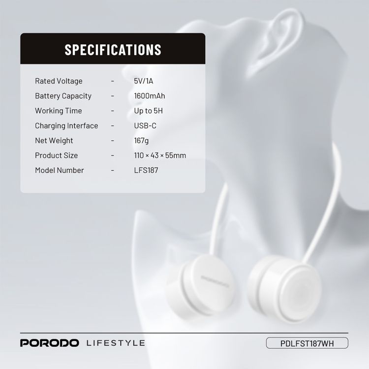 مروحة العنق بدون شفرات Porodo AirFlex مع 3 مستويات سرعة، مع وقت عمل يصل إلى 5 ساعات، بطارية بسعة 1600 مللي أمبير، واجهة شحن USB-C، مادة لطيفة على الجلد، تصميم رقبة مرن - أبيض