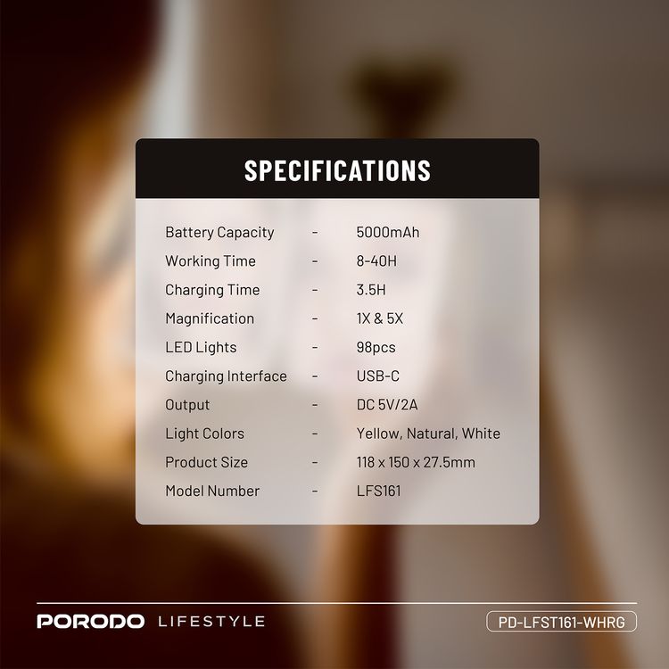 Porodo Magnifying Mirror with 5000mAh Power Bank, Up to 40 Hours Working Time, Yellow, Natural & White Light Colors, Smart Touch Control, 1X & 5X Magnification - White / Rose Gold