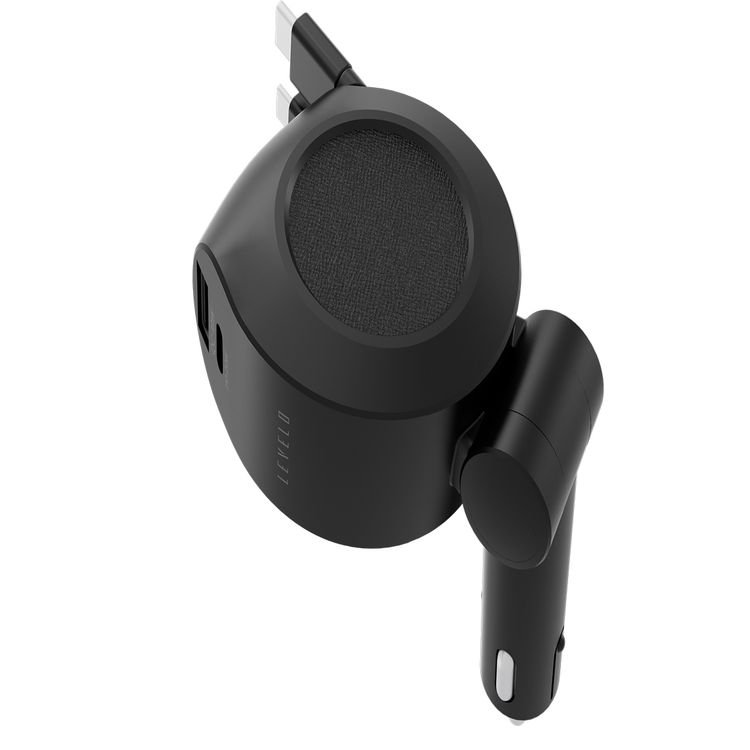 Levelo Orbis 4-in-1 Saffiano Leather Car Charger with Built-in Retractable 2 Type-C Cable, USB-A & USB-C Output Port, 80 cm Retractable Cables Length - Black