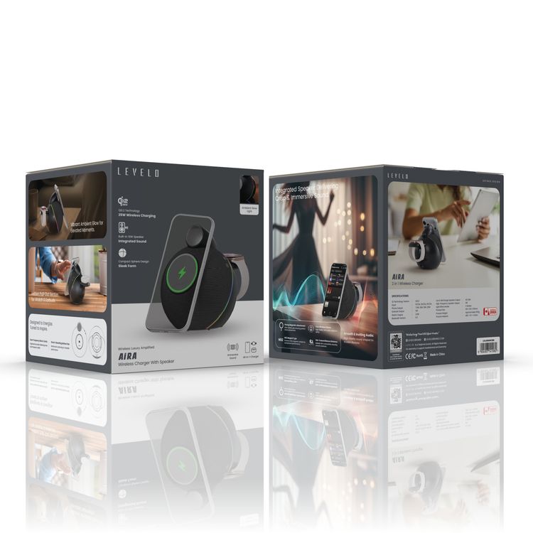 Levelo Aira 2-in-1 Wireless Charger with Built-in 10W Speaker, Shock-Absorbing Bottom Pad, Dual-Frequency Bionic Cavity, Ambient Glow Light, Qi2.2 Technology, Integrated Sound, N52 Strong Magnets, 10m Transmittance Distance, Compact Sphere Design, Impressive Sound - Black