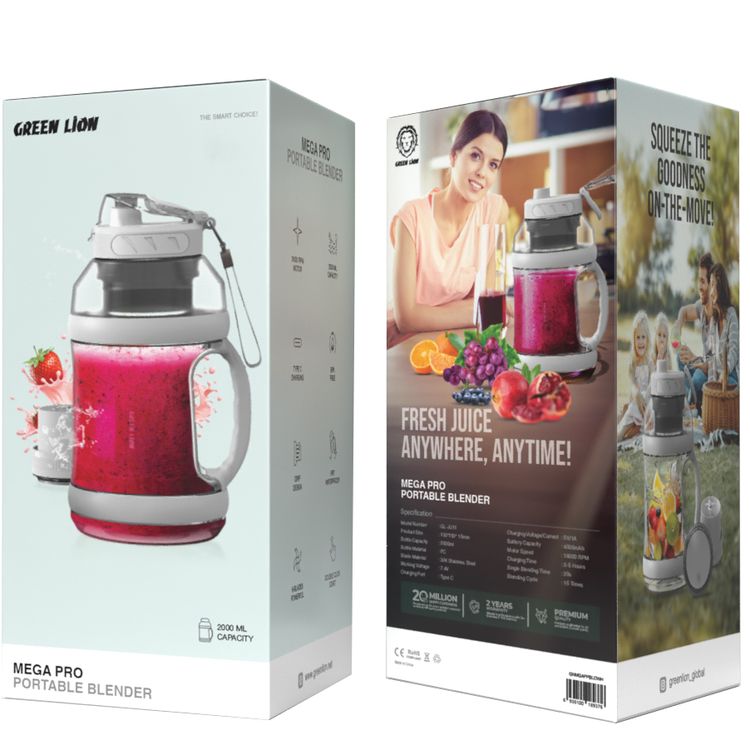 Green Lion MEGA PRO Portable Blender, 2000mL Bottle Capacity, 18000 RPM Powerful Motor, 4000mAh Battery Capacity, 20 Seconds for a Single Blend, Type-C Charging Port - White