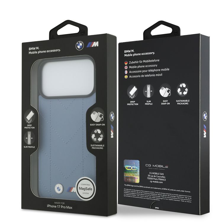 BMW MagSafe PU Quilted Leather Case with Metal Logos for iPhone 17 Pro Max, Slim Profile, Easy Snap-On Design, Sustainable Packaging, Drop Protection - Blue