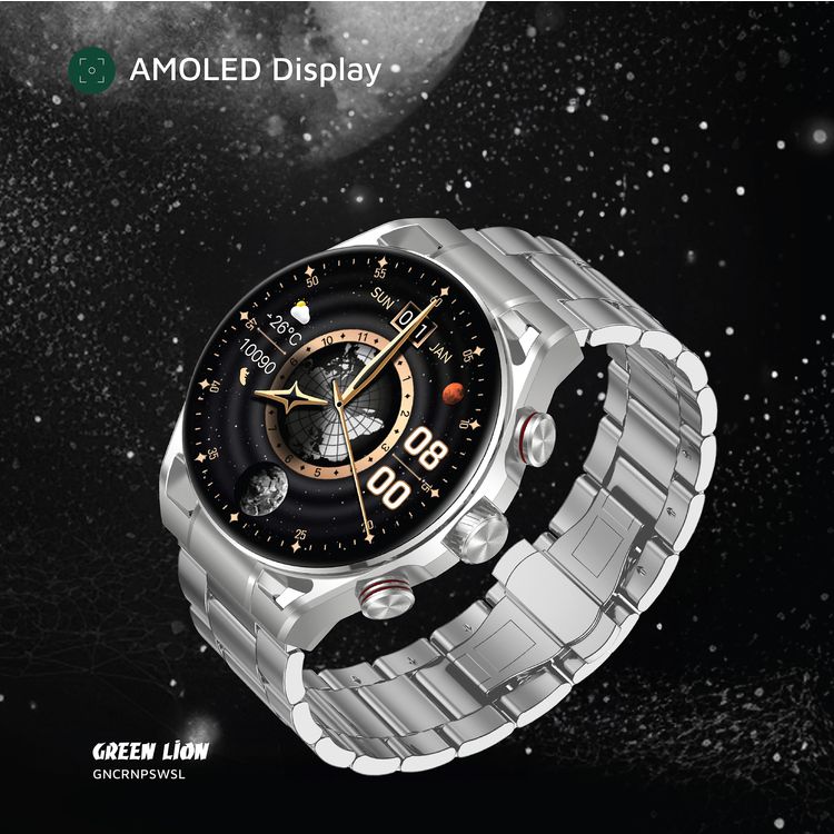 Green Lion Chrono Pro Smart Watch, Full-View Touch Display, Voice Recording, Call & Social Notifications, Rotary Encoder Button - Silver