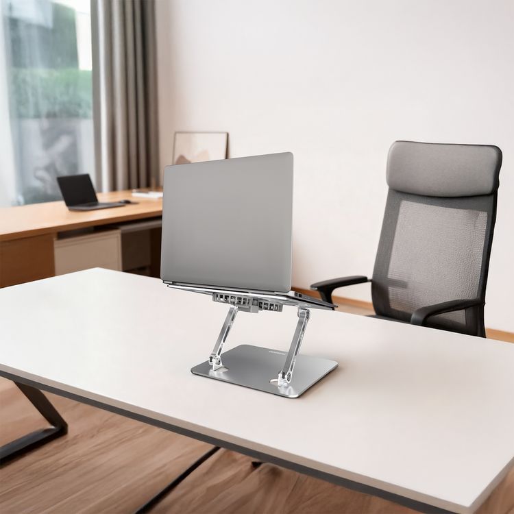 Porodo Aerodesk Cooling Laptop Stand with Adjustable Height, Rotating Joints, Quiet Fan Operation, Foldable Design, High-Speed Cooling, Anti-Slip, 8kg Load Capacity, USB-C Interface, 90° Rotation Angle, 4000rpm Motor Speed, 8kg Max Load Capacity - Silver