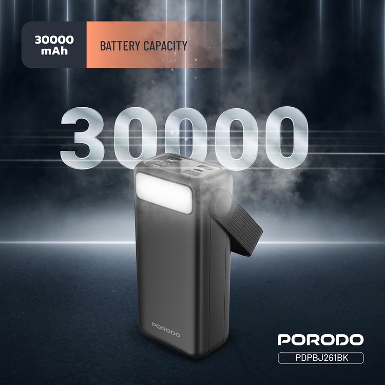 Porodo Lara 30000mAh Power Bank with Flashlight, Portable Handle, PD 20W, Fast Charging, ×2 USB-A & USB-C & Micro Ports, 4 Integrated Cables, Universal Compatibility - Black