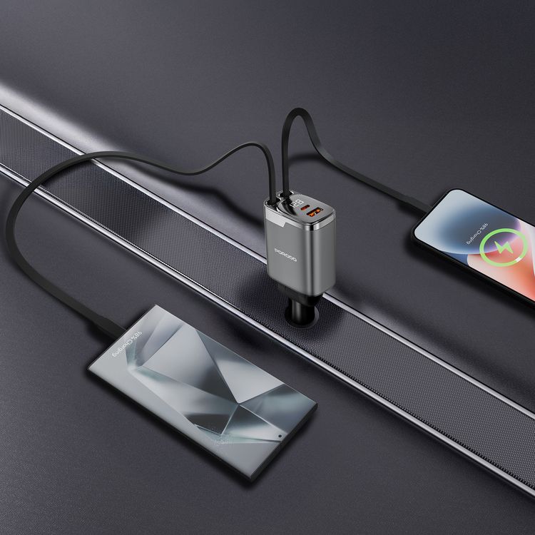 Porodo 45W Car Charger with Foldable Design, LED Voltage Display, 111W Maximum Output, Simultaneous Charging, Fast Charge Support, QC 36W, PD 45W, 80cm Type-C & Lightning Retractable Cables - Black