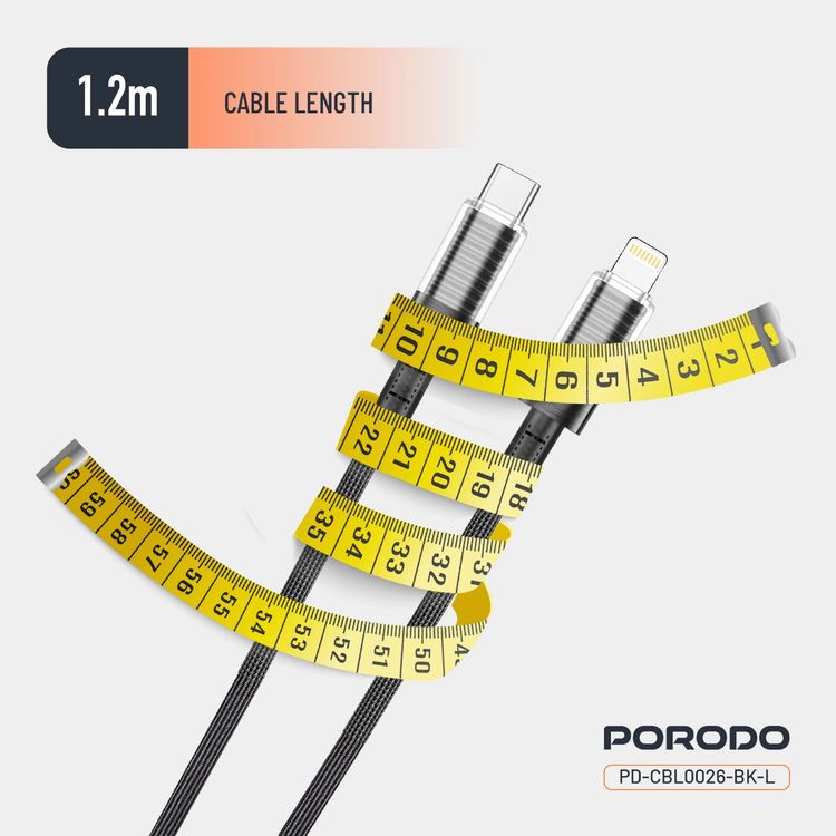 Porodo Transparent Shell USB-C to Lightning Cable, 1.2m Cable Length, Universal Compatibility, PD 30W, Safe & Secure, Data & Fast Charger - Black