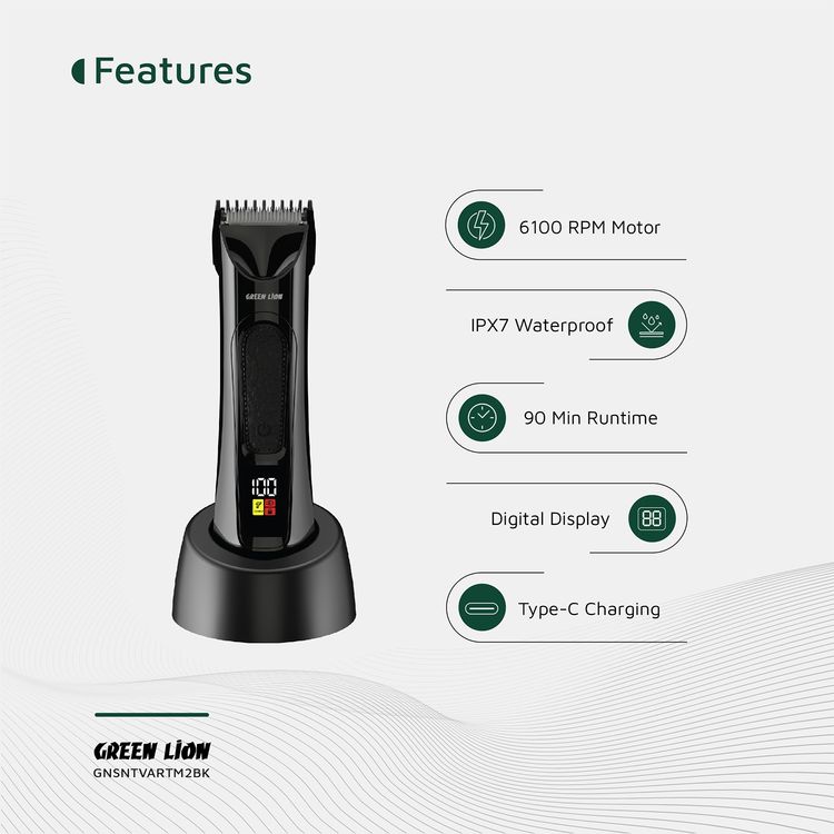 Green Lion Sensetive Area Trimmer 2 with LED Status Indicators, Storage Base, Type-C Charging, 2 Guide Combs, Digital Display, Spot Light, Corded & Cordless - Black