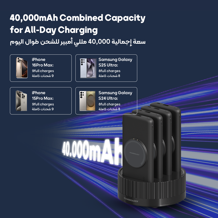 محطة طاقة 4 في 1 من باورولوجي بسعة بطارية 10000 مللي أمبير، وكابل مدمج، ومحطة شحن سريعة، وشاشة عرض طاقة 20 وات، ومخرج لاسلكي 15 وات، وضمانات مدمجة - أسود