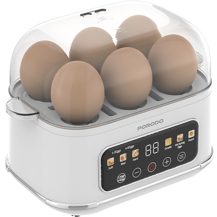 Porodo Poacher Smart Electric Egg Boiler with Digital Display, 6 Levels Cooking Mode, Up to 6 Eggs Cooking, Easy and Fast Cooking, Auto Shut-Off Function, Preset Program Selector, UK 3-Pin Plug,  0.7m Cord Length, 100mL Water Capacity, Non-Slip Support - White