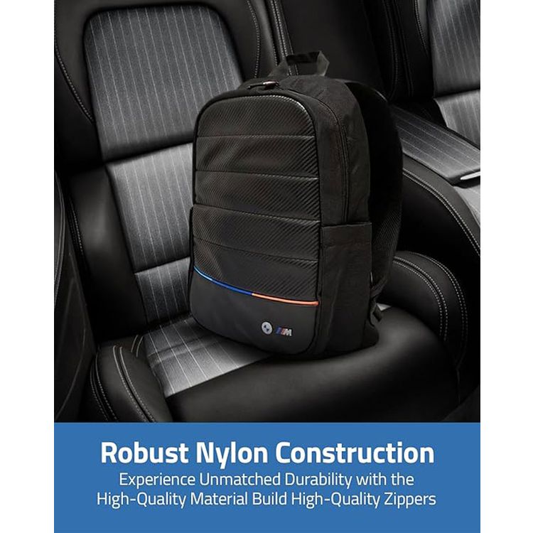BMW Carbon & Leather Tricolor 15" Backpack with High-Quality Nylon + Synthetic Leather & Polyester Lining Material, Multiple Pockets, Adjustable Shoulder Strap, Water Resistant, Scratch-Resistant - Black