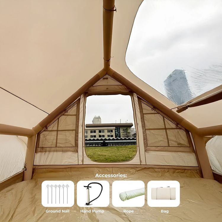Green Lion GT-4X Inflatable Camping Tent, Breathable Anti-Mosquito Design, 3-4 Persons Capacity, Storage Pockets, Ventilated Windows- Beige