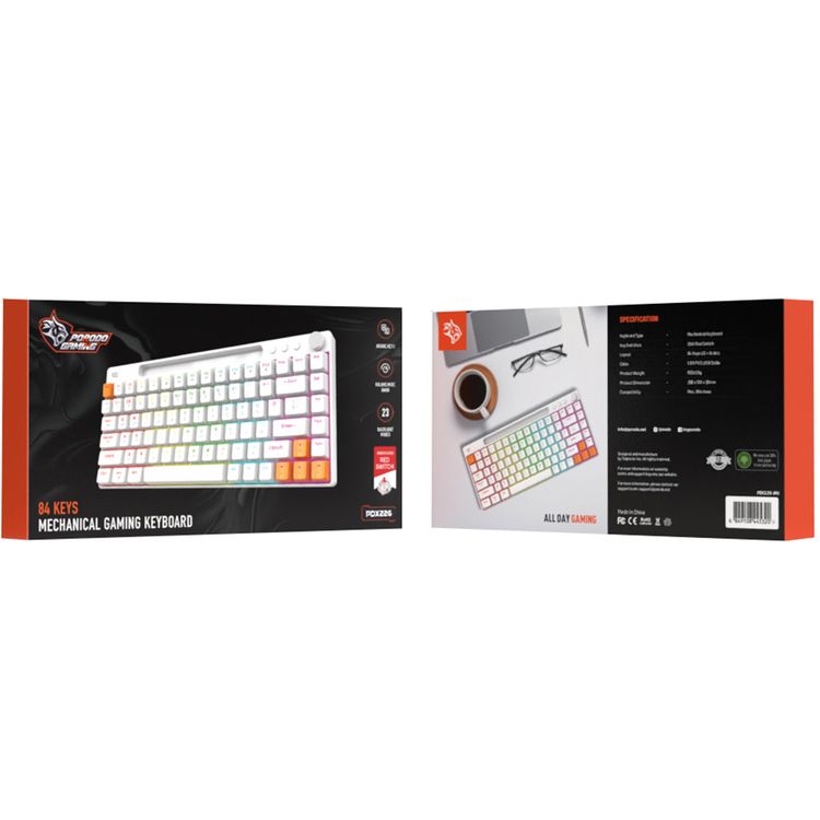 Porodo 84 Keys Mechanical Gaming Keyboard, 23 Blacklight Modes, Smooth Clicks, Arabic Keys, Compatible with Mac & Windows, Volume/Mute Knob - White