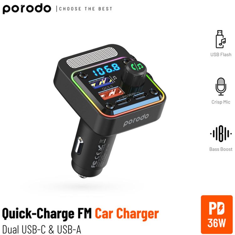 Porodo 3-in-1 FM Car Charger with 36W Power Delivery, 10m Bluetooth Range, Built-in Microphone, Multi-Port Charging, Up to 32 GB USB Flash Drive - Black