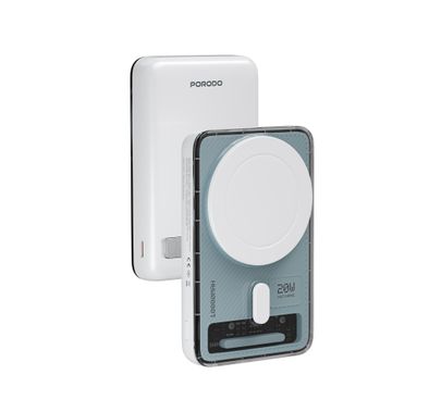 Porodo Sovo 10000mAh Power Bank with MagSafe Compatibility, Built-in Kickstand & LED Light, USB-C Input & Output Port, PD 20W Fast Charging, 15W Wireless Output, Compact Design - White