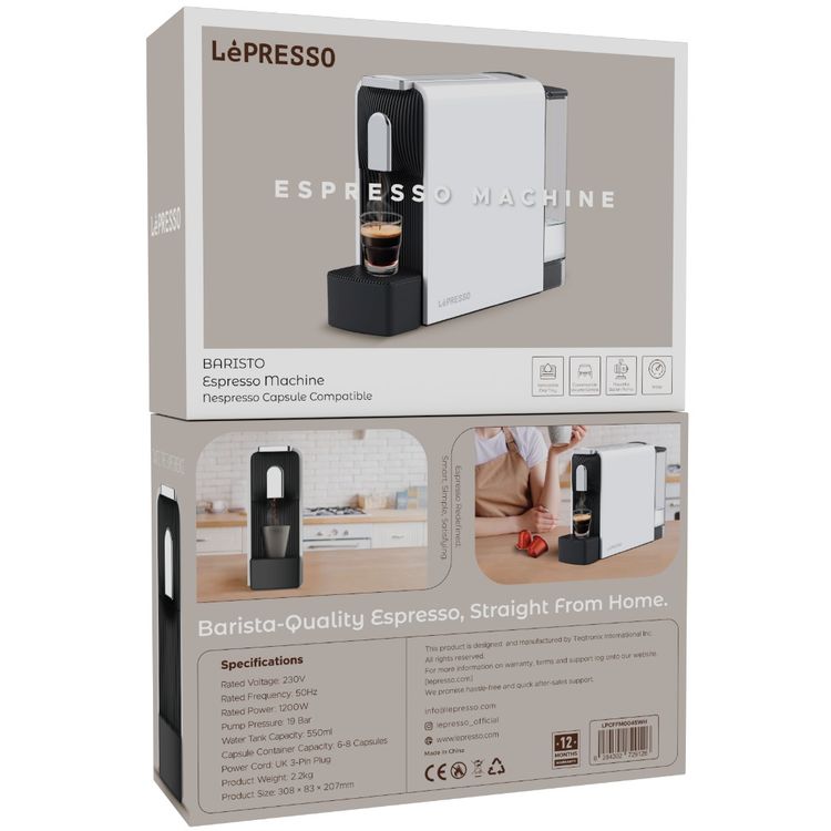 LePresso Baristo Espresso Machine with Powerful Italian Pump, 550mL Water Tank Capacity, 1200W Rated Power, Customizable Volume Control, Removable Drip Tray, Compatible with Nespresso Capsules - White