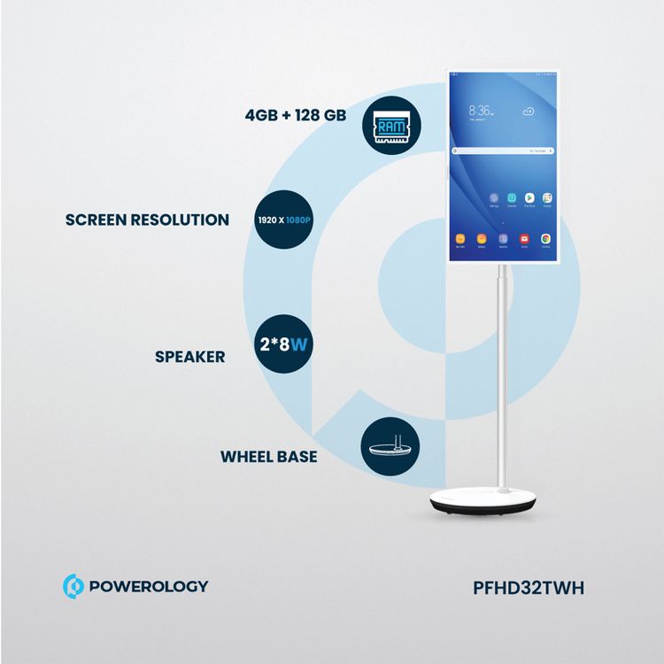 Powerology 32" Android Smart Screen, 1920x1080 Pixels, 65W, Android 10, 4GB Ram - White
