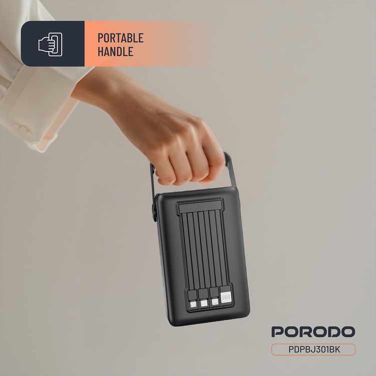 باور بانك بورودو لارا 80000 مللي أمبير/ساعة مع مصباح يدوي، مقبض محمول، PD 20 وات، شحن سريع، منفذين USB-A وUSB-C وMicro، 4 كابلات مدمجة، توافق عالمي - أسود