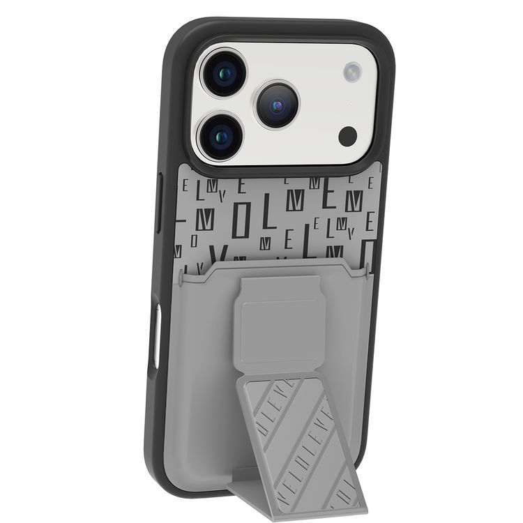 كفر Levelo Morphix GripStand مع حامل بطاقات لجهاز iPhone 17 Pro Max، تصميم فاخر مطبوع، ممتص للصدمات، حواف مرتفعة للكاميرا والشاشة، حامل مغناطيسي - باللون الرمادي الغيمي.