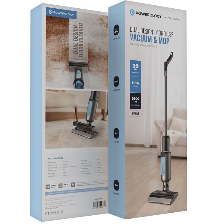 مكنسة كهربائية وممسحة لاسلكية 2 في 1 من باورولوجي، قوة شفط 6500 باسكال، وقت عمل 30 دقيقة، قوة محرك 115 وات، بطارية ليثيوم أيون - أسود