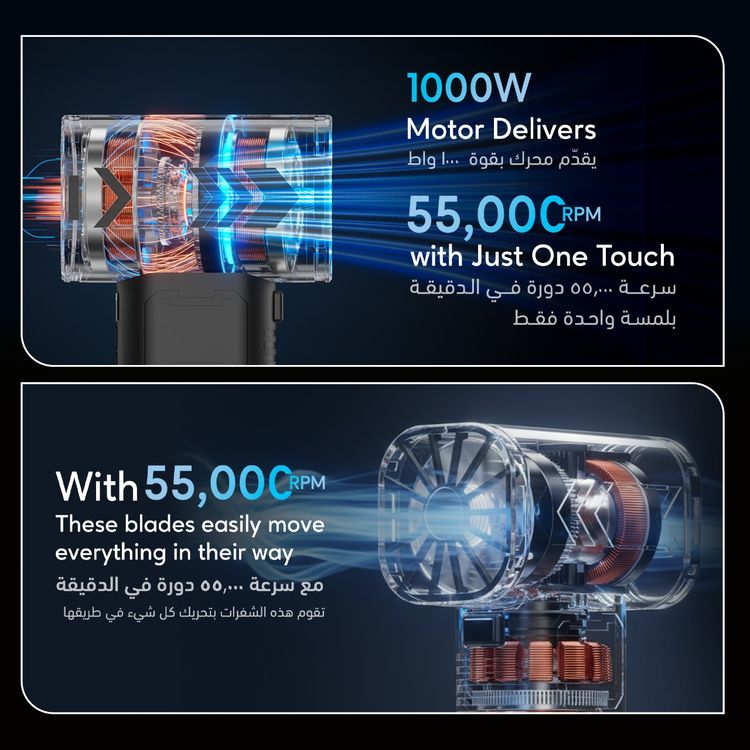 Powerology Powerflow Turbo Blower Fan with 4-Speed Control, Up to 180 Minutes Working Time, 1000W Rated Power, Up to 55000RPM Fan Speed, Multi-Scenario Usage, Digital Display, Built-in LED Light, DC Charging Port - Black