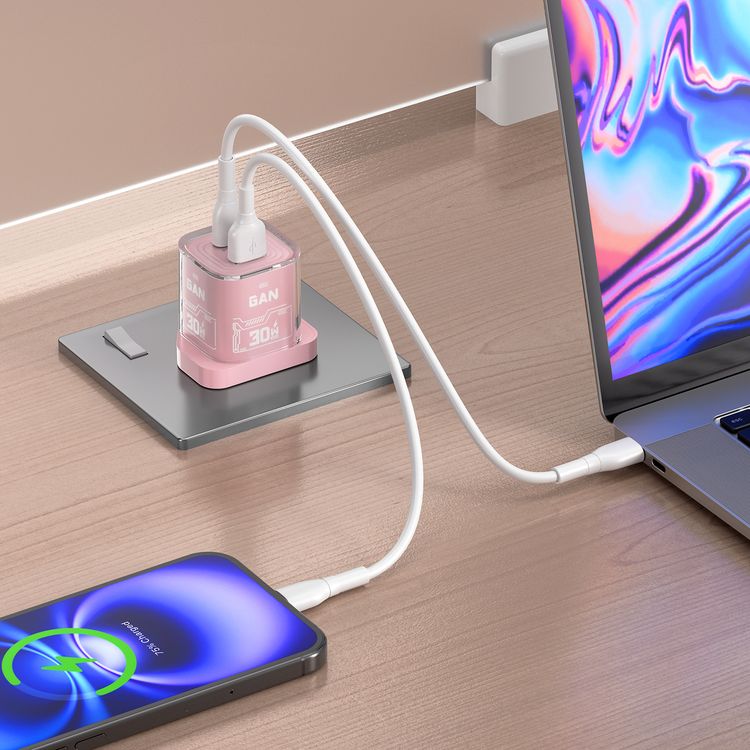 Porodo TEZCLARTÉ Quick Wall Charger with Dual Port Fast Charging, Flame Retardant Housing, Transparent Design, PD 30W USB-C Output, QC 20W USB-A Output - Pink