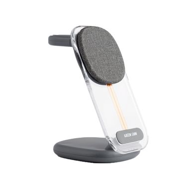 Green Lion 3-in-1 Fabric Wireless Charger with 15W Maximum Output, Multi Protections, Type-C Input, 5W Earphones Output, Powerful Magnet, 3W Watch Output - Gray