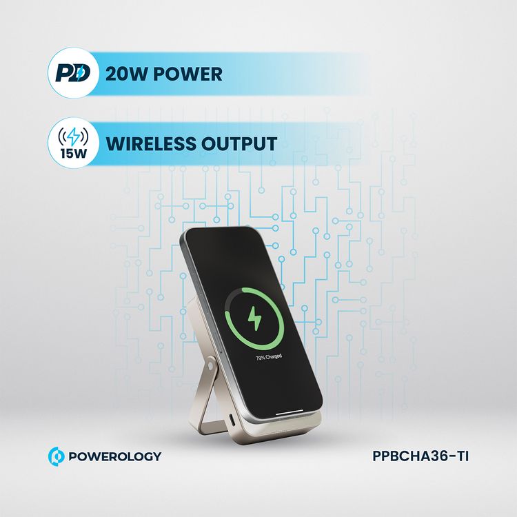 Powerology 10000mAh Magsafe Glass Surface Power Bank, Compact Design, Type-C & Wireless output, Integrated Stand, Aluminum Material, 20W Power Delivery, Cable-Free - Titanium 