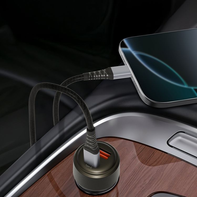 Levelo Nori Mini 60W Car Charger with USB-C & USB-A Ports, Fast Charging, 60W Power Delivery, 12-24V Input Power, Durable Material - Gun Gray