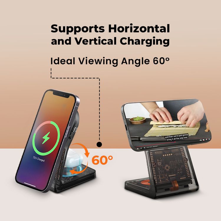 Porodo Transparent Shell Wireless Charging Stand with 15W Wireless Output, Multi-Device Charging, 3W Earbuds Output, Transparent Design, 2.5W Type-C Output - Black