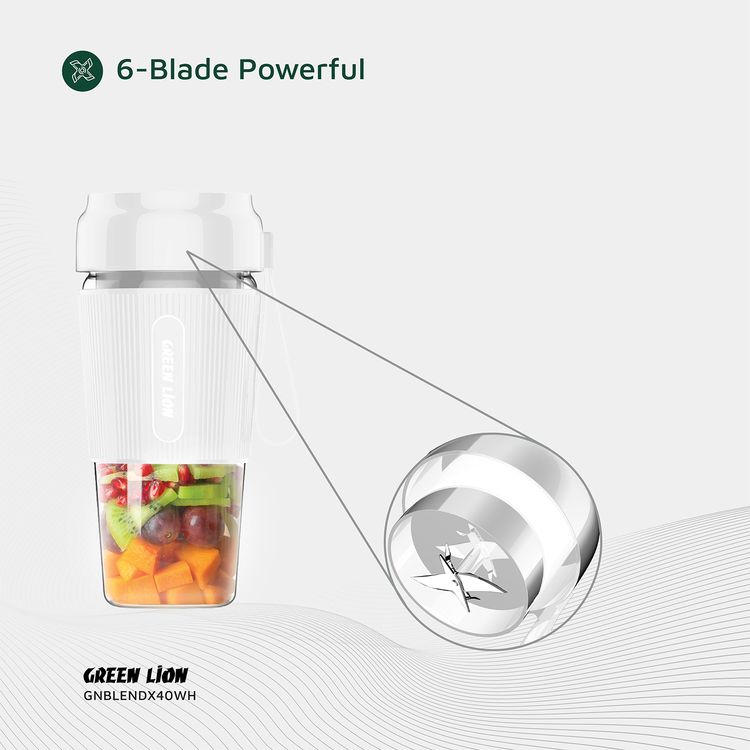 Green Lion G-Blend X Portable Juicer with 300mL Capacity, 1500mAh Battery Capacity, PC Jar Material, Stainless Steel Blade Material, Type-C Charging Port, 3-4 Hours Charging Time - White