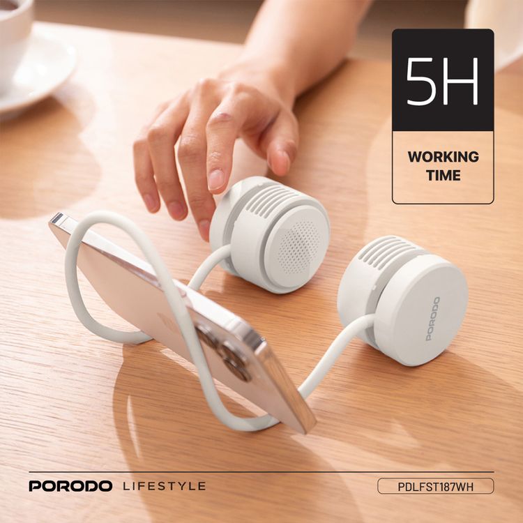 مروحة العنق بدون شفرات Porodo AirFlex مع 3 مستويات سرعة، مع وقت عمل يصل إلى 5 ساعات، بطارية بسعة 1600 مللي أمبير، واجهة شحن USB-C، مادة لطيفة على الجلد، تصميم رقبة مرن - أبيض