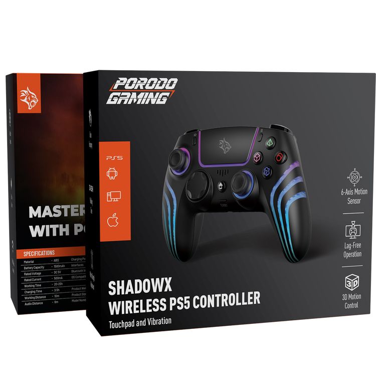 Porodo Gaming ShadowX Wireless Controller for Android/ iOS/ PC/ PS5 with Adjustable Brightness, Built-in Speaker, Wired and Wireless Connectivity, Turbo Frequency, 20-25 Hours Working Time, 3.5 Hours Charging Time, Motor Strength Adjustment, USB-C Charging Port, Bluetooth Version 5.3 - Black
