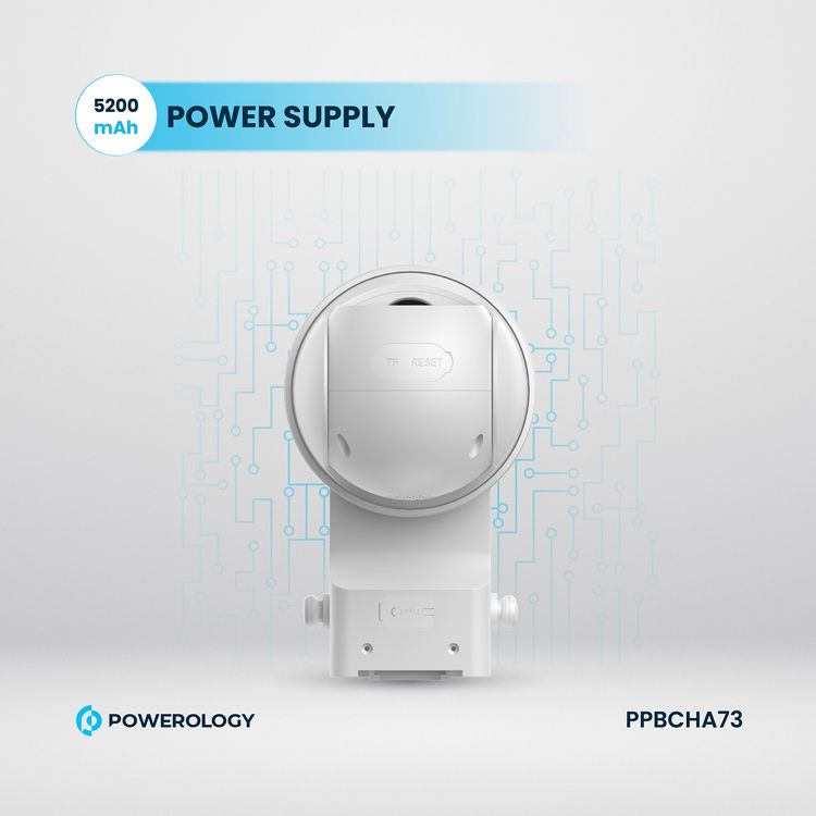 Powerology Built-in Solar Pan & Tilt Outdoor Camera, Lithium Battery, 5200mAh Rechargeable Battery, 1.5 W Solar Panel, 1269 × 2304P Camera Resolution, 10m Infrared Recording Distance - White