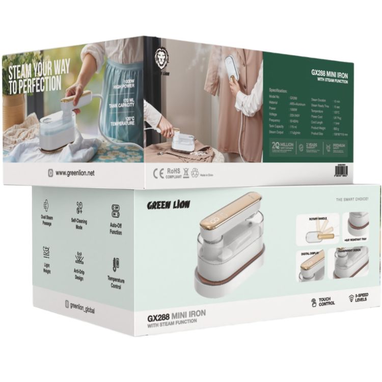 Green Lion GX288 Mini Iron with Steam Function, 170mL Tank Capacity, 10 Minutes Steam Duration, 120°C Temperature, Digital Display - White 
