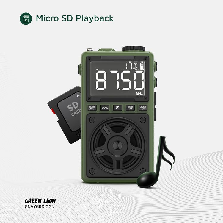 Green Lion Voyager Portable Radio with Bluetooth Speaker, 1.2W Flashlight, 6-7 Hours Playtime, 8-10m Transmission Range, Auto-Scan Mode, Lock & Sleep Function, 1.5 Hours Charging Time - Green