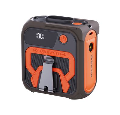 Porodo Lifestyle Multifunction Cooling Waist Fan with 10000mAh Power Bank, Flash Light, Powerful Wind, Digital Display, 5 Speed Levels, 40 Hours Working Time, 4 Hours Charging Time, Neck Strap - Orange / Brown