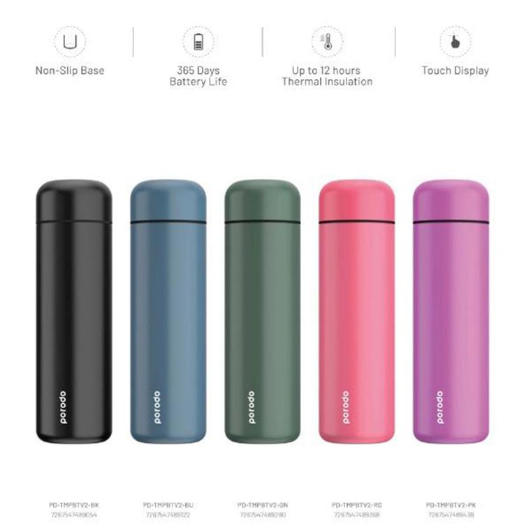 Porodo Smart Water Bottle with 500mL Capacity, Up to 12 Hours Thermal Insulation, LED Touch Display, 365-Day Battery Life, Stainless Steel Strainer, Non-Slip Base - Red