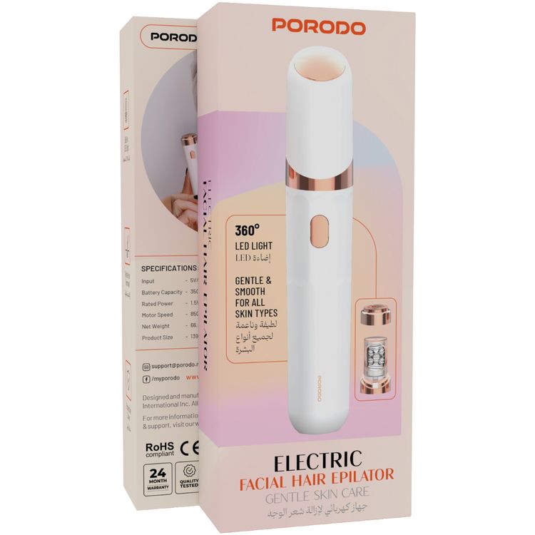 Porodo Electric Facial Hair Epilator with 360° LED Light, 8500RPM Motor Speed, Up to 60 Minutes Working Time, USB-C Charging Port, 1.5W Rated Power, 350mAh Battery - White